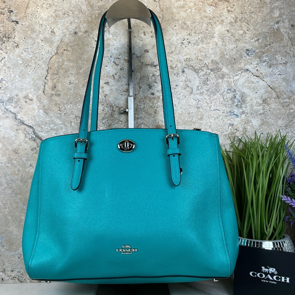 Coach Turnlock Carryall 29 Aqua Blue Teal Leather Shoulder Crossbody Satchel Bag - Picture 4 of 15